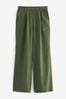 Khaki Green Linen Blend Wide Leg Trousers, Regular