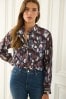 Navy Blue Leopard Print Zip Front Utility Pocket Blouse