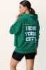 Dark Green Oversized Relaxed Fit New York Back Graphic Longline Hoodie, Regular
