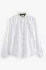 White Grandad Collar Linen Blend Long Sleeve Shirt, Grandad Collar