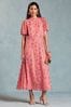 Love & Roses Pink Printed Metallic Flutter Sleeve Midi Dress, Regular