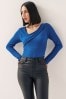 Blue Asymmetric Long Sleeve Ribbed Top