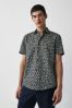 Navy Blue/Neutral Brown Floral Printed Linen Blend Shirt