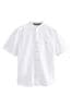 White Grandad Collar Linen Blend Short Sleeve Shirt, Grandad Collar