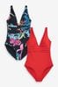 Navy Blue Floral/Red Plunge Tummy Control Swimsuits 2 Pack