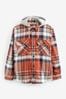 Rust Brown Borg Lined Check Shacket with Hood