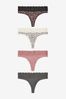Black/Grey/Cream/Pink Printed Thong Cotton and Lace Knickers 4 Pack, Thong