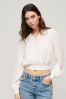 SUPERDRY Cream Long Sleeve Lace Trim Smocked Blouse