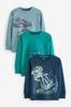 Tan Brown/Navy Blue Dinosaur Long Sleeve Graphic T-Shirts 3 Pack (3-14yrs)