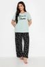 PixieGirl Petite Green 'Rise & Shine' Slogan Wide Leg Pyjama Set