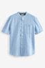 Blue Linen Blend Short Sleeve Shirt, Grandad Collar