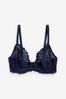 Navy Blue DD+ Non Pad Plunge Comfort Lace Bra, DD+ Non Pad Plunge