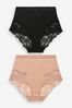 Black/Nude High Waist Brief Tummy Control Shaping Lace Back Brazilian Knickers 2 Pack, High Waist Brief