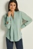 Sage Green Long Sleeve Overhead V-Neck Relaxed Fit Blouse, Regular