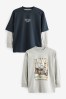 Grey/Navy Skate Long Sleeve Graphic T-Shirts 2 Pack (3-16yrs)
