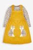 JoJo Maman Bébé Mustard Yellow Fox Girls' 2-Piece Appliqué Pinafore Dress Shadow & Top Set