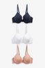 Navy Blue/Pink/White Pad Full Cup Cotton Blend Bras 3 Pack, Pad Full Cup