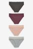 Grey Marl/Pink/Plum High Leg Lace Knickers 4 Pack, High Leg