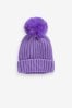 Purple Chunky Rib Pom Pom Beanie Hat (3mths-16yrs)