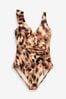 Brown Leopard Frill Wrap Tummy Shaping Control Swimsuit