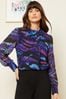 Love & Roses Blue Animal Printed Ruched High Neck Long Sleeve Chiffon Blouse