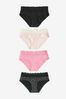Black/Pink Heart Print Short Cotton and Lace Knickers 4 Pack, Short