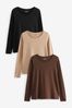 Neutral Long Sleeve Crew Neck Tops 3 Pack, Petite