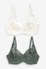 Green/Cream DD+ Non Pad Full Cup Geo Lace Bras 2 Pack, DD+ Non Pad Full Cup