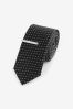 Black/Silver Slim Pattern Tie And Tie Clip, Slim
