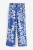 Blue/White Print Tie Waist Wide Leg Trousers with Linen, Regular