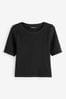 Black Slim Fit Ribbed Short Sleeve Top