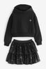 Black Cropped Hoodie With Tiered Sequin Skirt Set (3-16yrs)