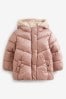 Pink Metallic Faux Fur Hood Padded Coat (3mths-7yrs)