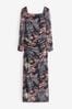 Navy Floral Kew Collection Square Neck Long Sleeve Mesh Dress