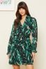 Love & Roses Textured Green Chiffon V Neck Elasticated Sleeve Belted Mini Dress, Regular