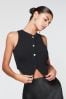 Black Button Front Textured Rib Soft Knit Stretch Jersey Waistcoat Top