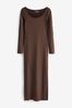 Chocolate Brown Scoop Neck Long Sleeve Ribbed Midaxi Dress