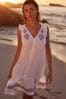 White Linen V-Neck Blend Summer Sleeveless Shift Dress, Petite