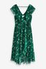 Apricot Green Botanical Ruffle Wrap Midi Dress
