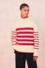 Red/Ecru Cream High Neck Stripe Cosy Knitted Jumper Long Sleeve Top, Regular