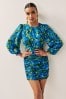 Blue/Green Sparkle Floral Long Sleeve Ruched Mini Dress