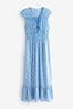 Blue Tile Print Tie Front Short Sleeve Maxi Dress, Regular