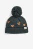 Charcoal Grey Bears Embroidered Pom Pom Hat (3mths-10yrs)