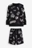 Black All-Over Printed Crew Neck Sweatshirt and Shorts Set (3-16yrs)