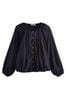 Navy Pleat Front Button Through Long Sleeve Blouse