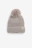 Neutral Knitted Rib Pom Hat (3mths-10yrs)