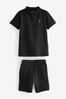 Schwarz - Polo-Shirt und Shorts Set mit RV-Kragen am Kragen (3-16yrs)