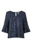 Yumi Blue Sequin Top With Fluted Sleeve