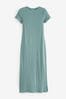Blue Ribbed T-Shirt Style Maxi Column Dress With Slit Detail, Regular