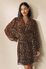 Brown Animal Print Sheer Mini Dress, Regular